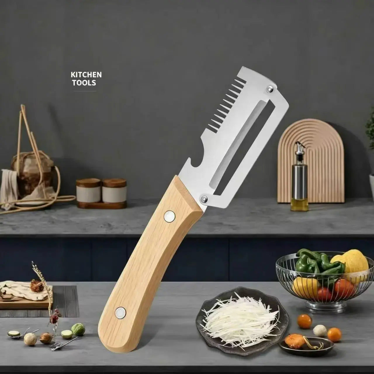 Multi-Functional Vegetable Peeler Set - Ultra-Sharp Stainless Steel Blade with Wooden Handle and Integrated Bottle Opener,