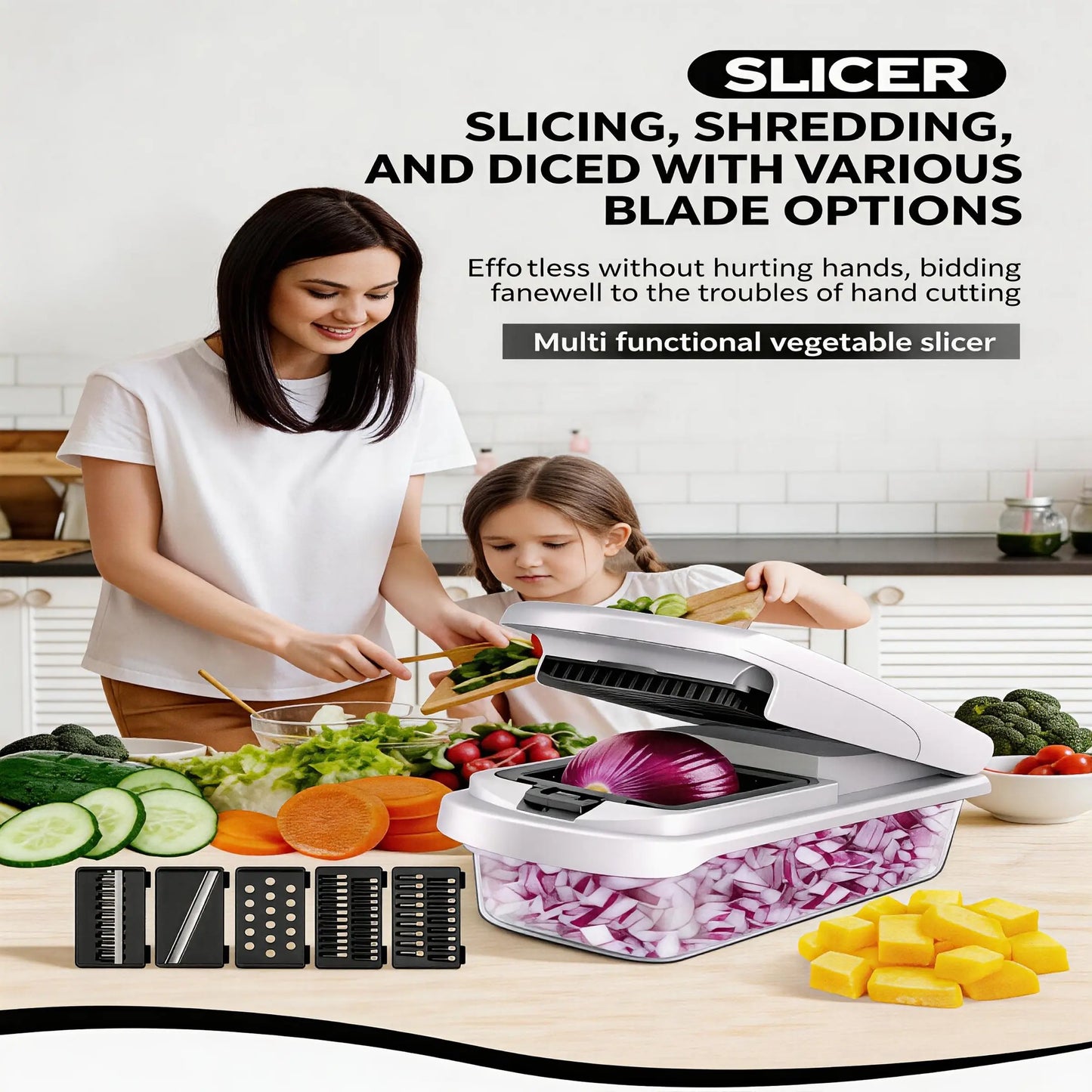 Multi-Functional Vegetable and Fruit Slicer, Kitchen Chopper, Kitchen Shredder for Dicing and Shredding, Home Use Food Prep Tool, Kitchen Gadgets, Vegetable Cutting Slicer, Model 00Dksk3