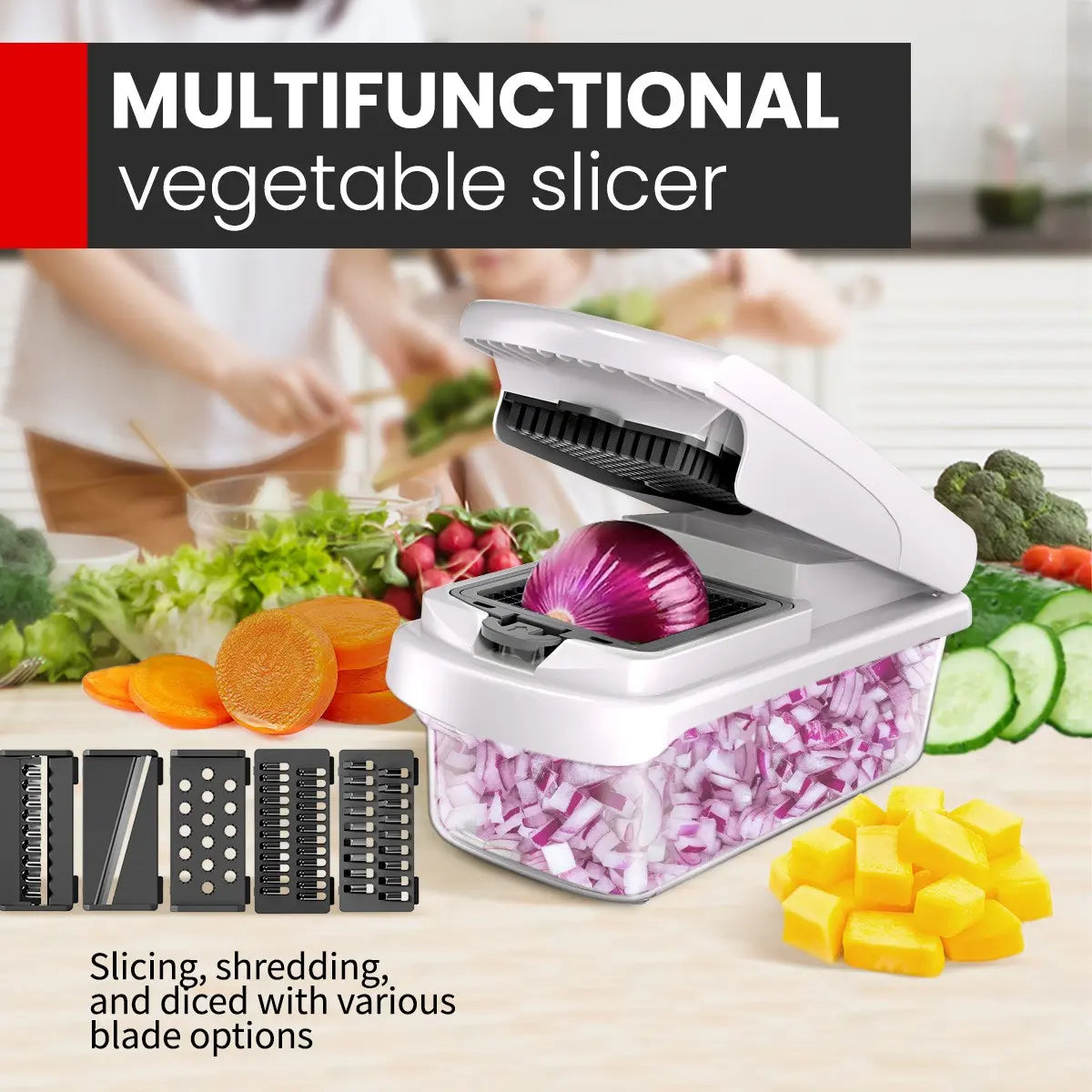 Multi-Functional Vegetable and Fruit Slicer, Kitchen Chopper, Kitchen Shredder for Dicing and Shredding, Home Use Food Prep Tool, Kitchen Gadgets, Vegetable Cutting Slicer, Model 00Dksk3