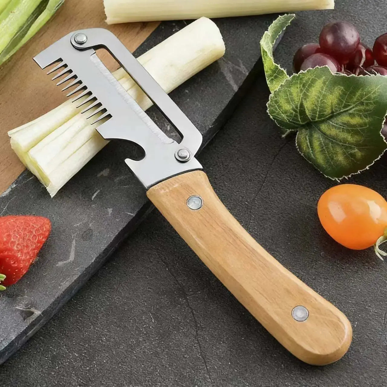 Multi-Functional Vegetable Peeler Set - Ultra-Sharp Stainless Steel Blade with Wooden Handle and Integrated Bottle Opener,