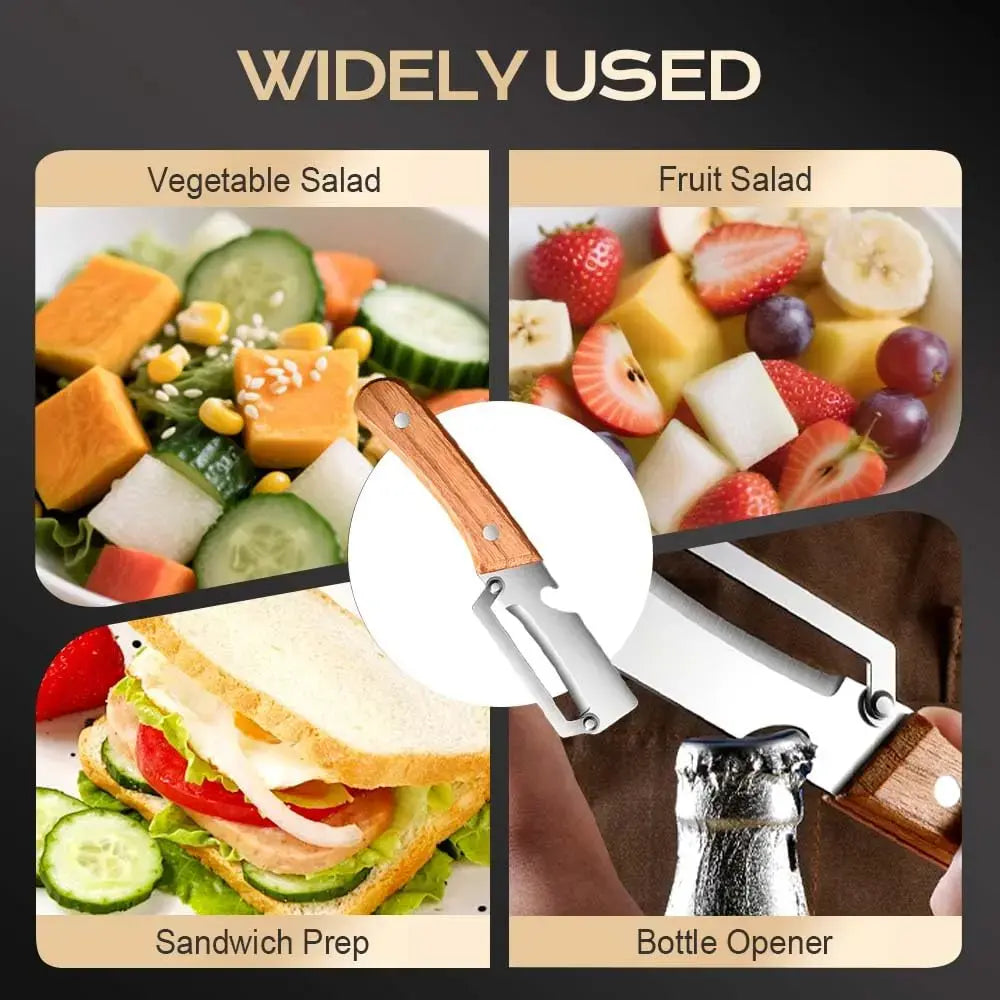 Multi-Functional Vegetable Peeler Set - Ultra-Sharp Stainless Steel Blade with Wooden Handle and Integrated Bottle Opener,