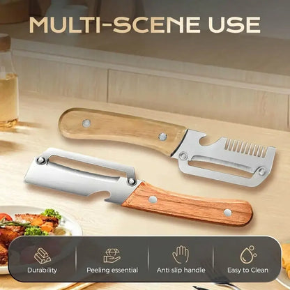 Multi-Functional Vegetable Peeler Set - Ultra-Sharp Stainless Steel Blade with Wooden Handle and Integrated Bottle Opener,