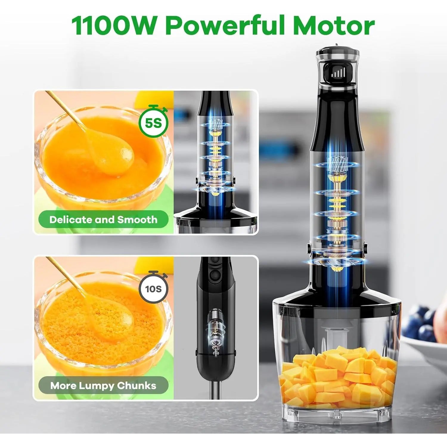 1100W Handheld Immersion Blender Set with Variable Speed, Includes Chopper, Whisk, and Frother for Soups, Baby Food, and Smoothies