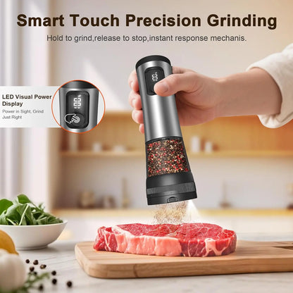 Electric Salt and Pepper Grinder Set with LED Illumination – Rechargeable Automatic Mill Featuring 5 Adjustable Coarseness Levels for Culinary Use, Barbecues, and Gift Giving