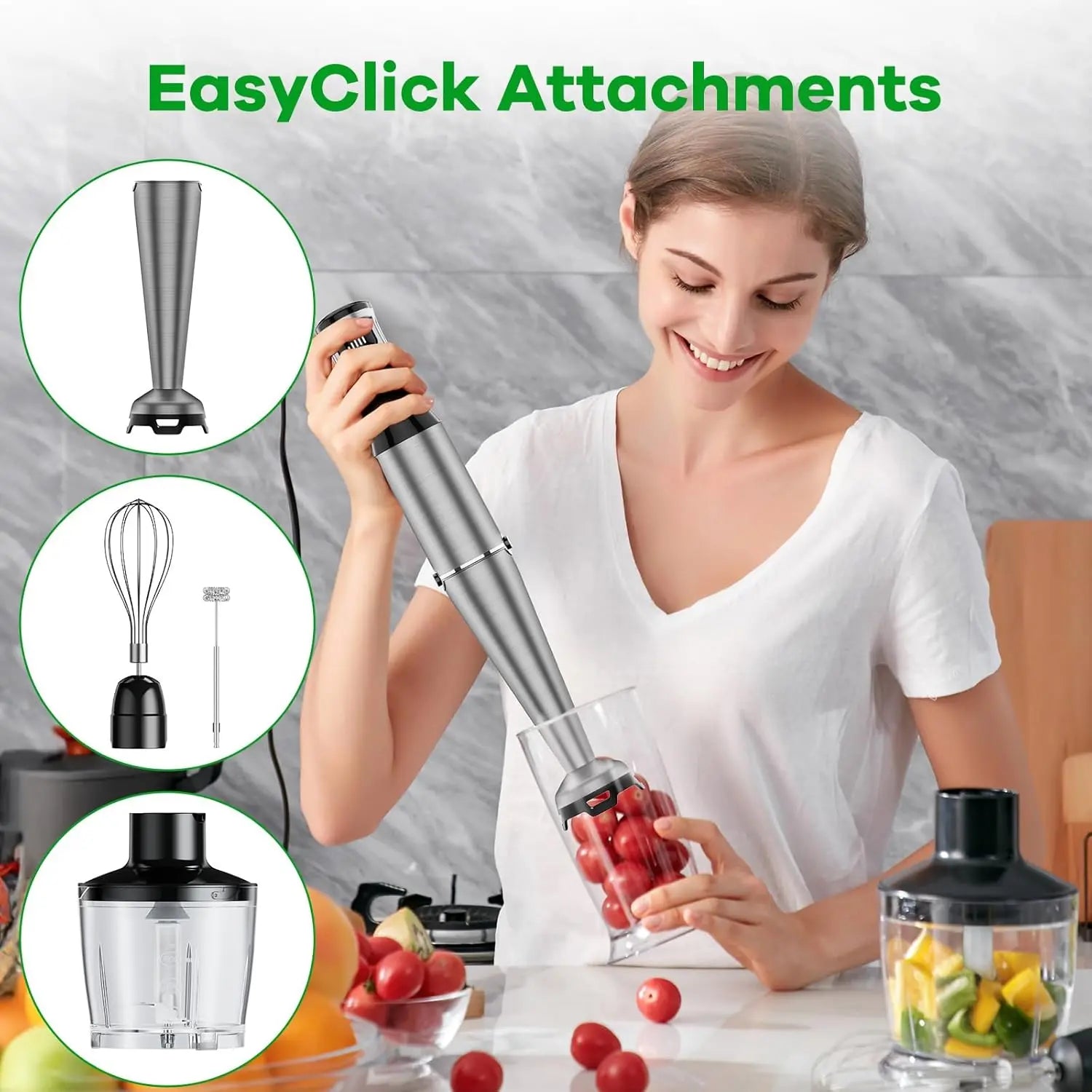 1100W Handheld Immersion Blender Set with Variable Speed, Includes Chopper, Whisk, and Frother for Soups, Baby Food, and Smoothies