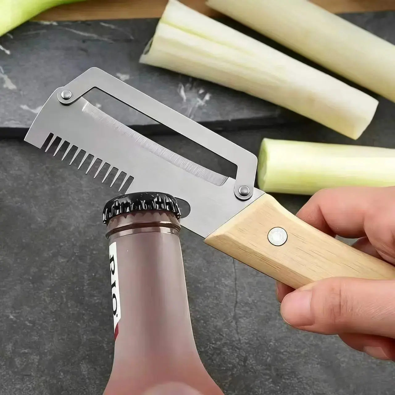 Multi-Functional Vegetable Peeler Set - Ultra-Sharp Stainless Steel Blade with Wooden Handle and Integrated Bottle Opener,