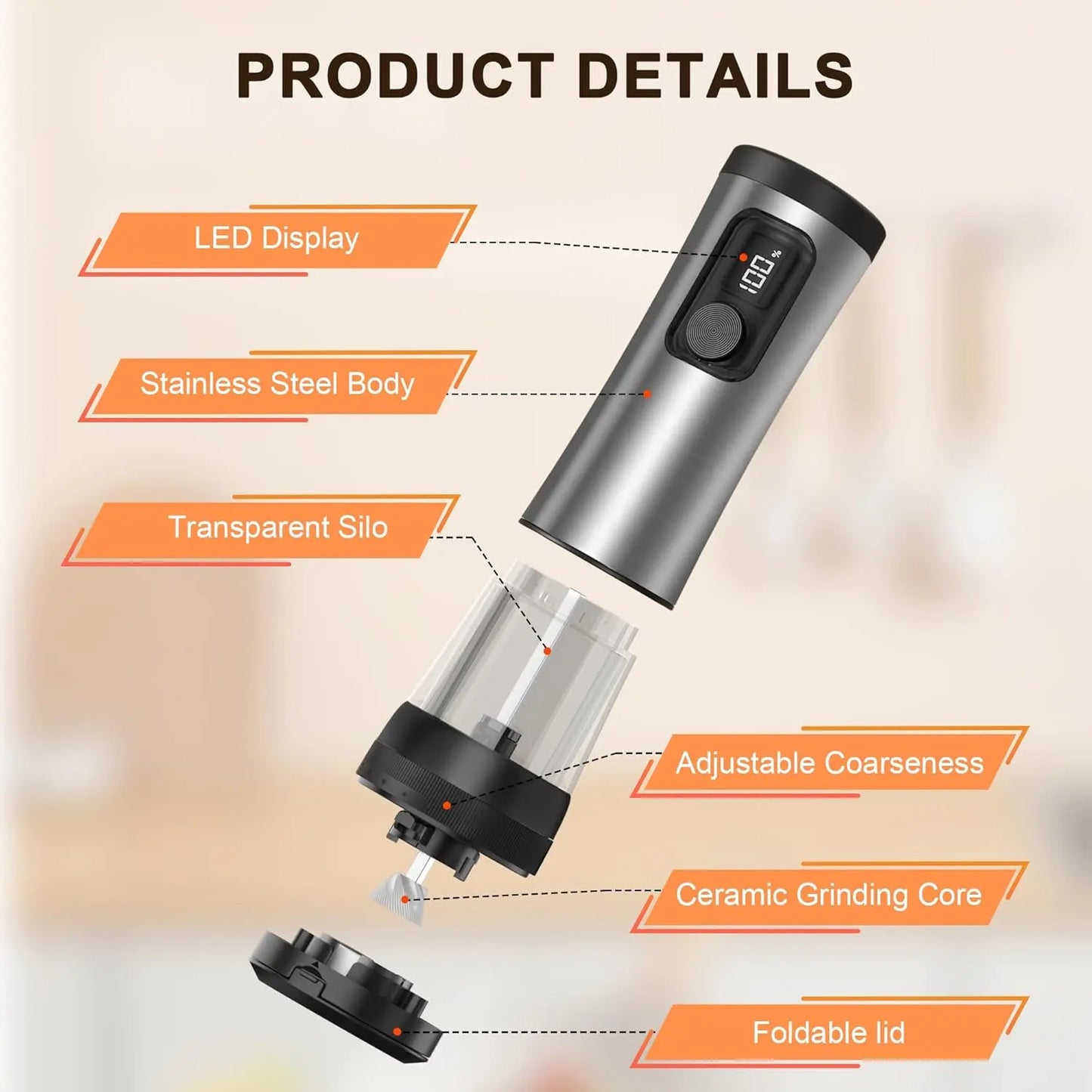Electric Salt and Pepper Grinder Set with LED Illumination – Rechargeable Automatic Mill Featuring 5 Adjustable Coarseness Levels for Culinary Use, Barbecues, and Gift Giving