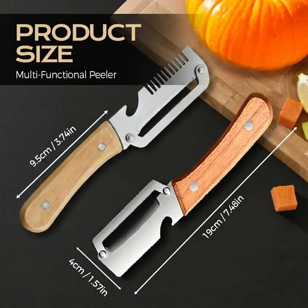 Multi-Functional Vegetable Peeler Set - Ultra-Sharp Stainless Steel Blade with Wooden Handle and Integrated Bottle Opener,