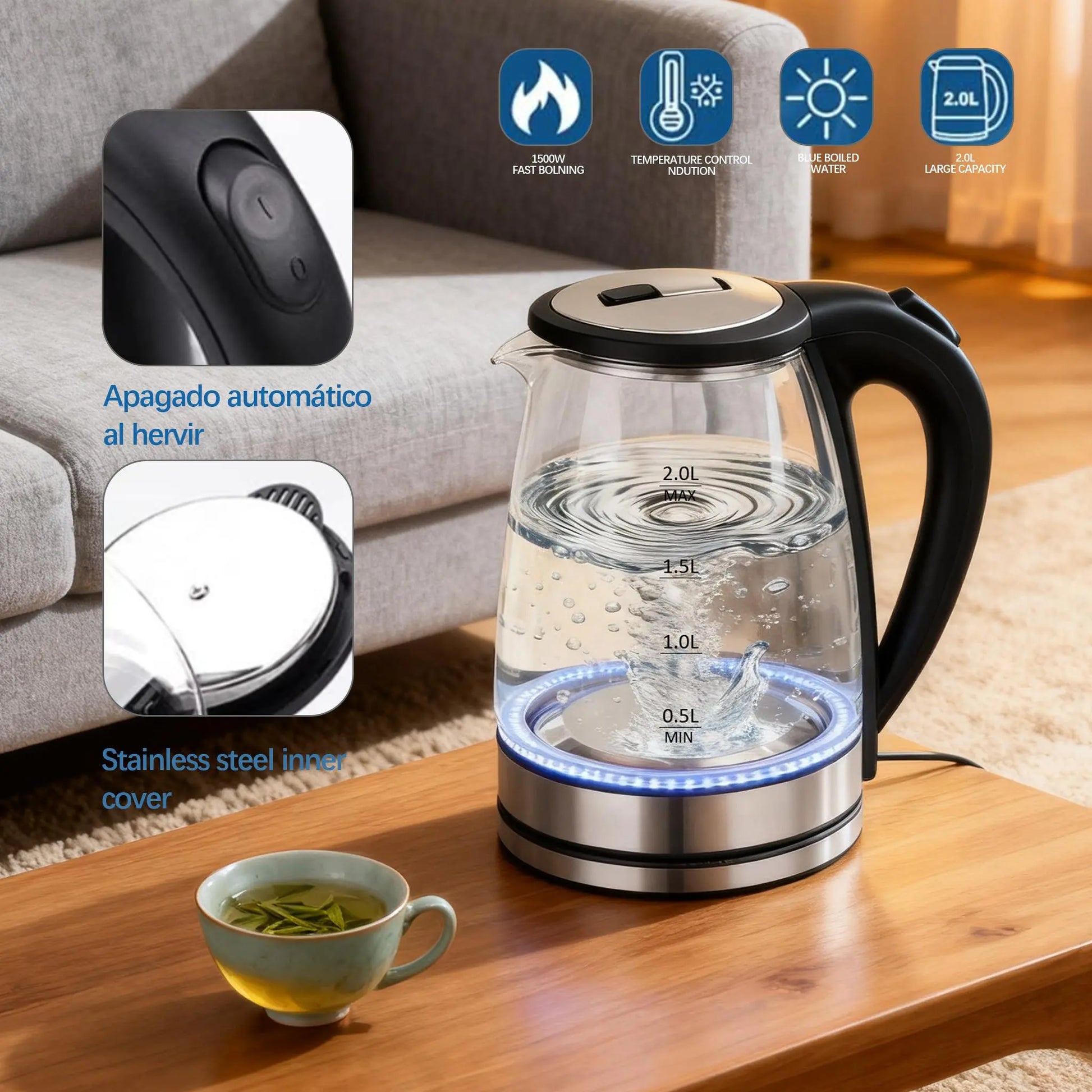 2.0L Glass Electric Kettle – 1500W Fast Boiling Water Boiler with Auto Shut-Off & Boil-Dry Protection, Bpa-Free Borosilicate Glass, Stainless Steel Base, Ideal Kitchen Appliance & Gift for Home, Tea & Coffee Lovers