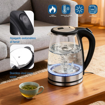 2.0L Glass Electric Kettle – 1500W Fast Boiling Water Boiler with Auto Shut-Off & Boil-Dry Protection, Bpa-Free Borosilicate Glass, Stainless Steel Base, Ideal Kitchen Appliance & Gift for Home, Tea & Coffee Lovers