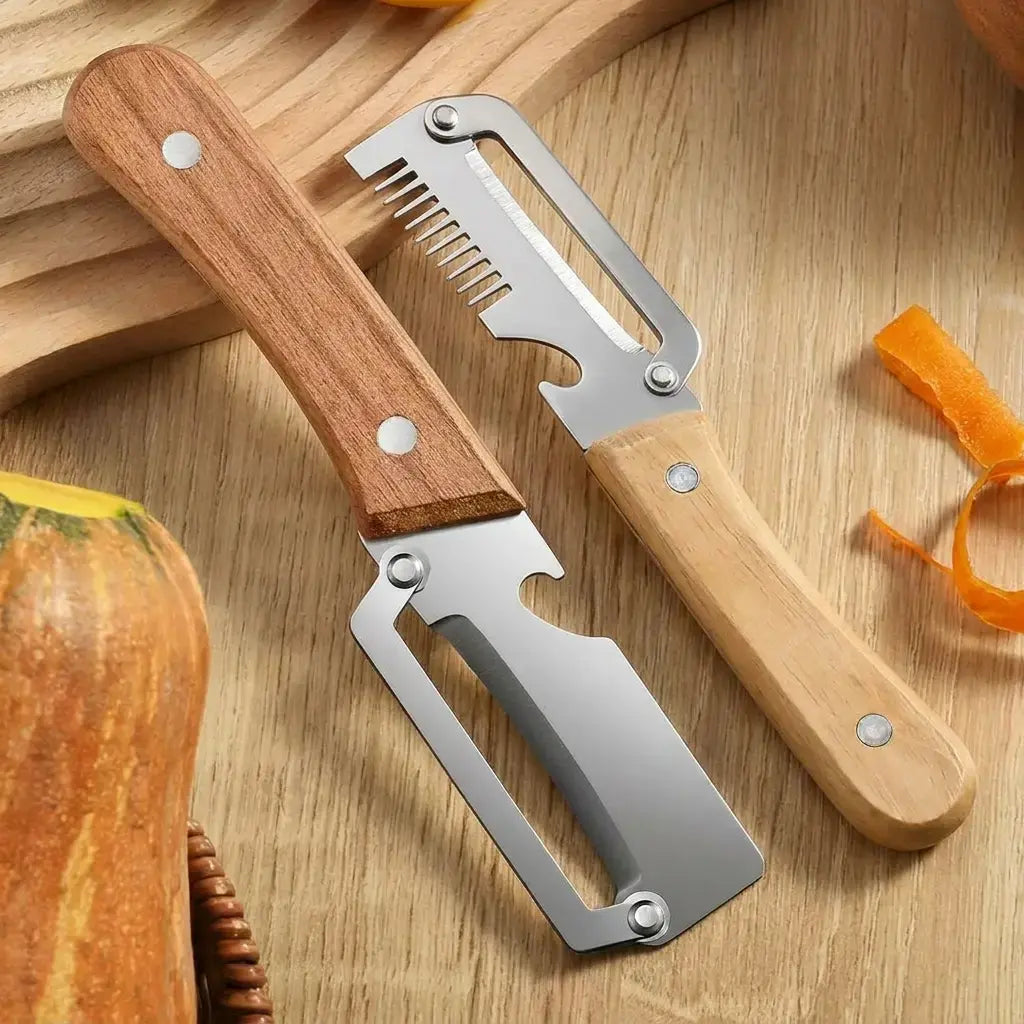 Multi-Functional Vegetable Peeler Set - Ultra-Sharp Stainless Steel Blade with Wooden Handle and Integrated Bottle Opener,