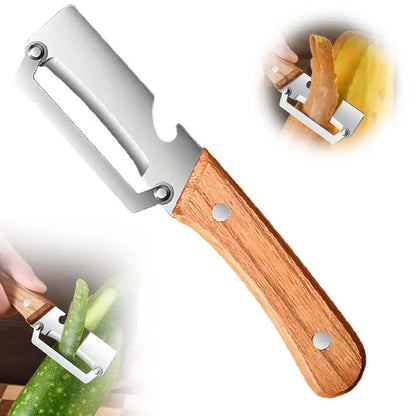 Multi-Functional Vegetable Peeler Set - Ultra-Sharp Stainless Steel Blade with Wooden Handle and Integrated Bottle Opener,