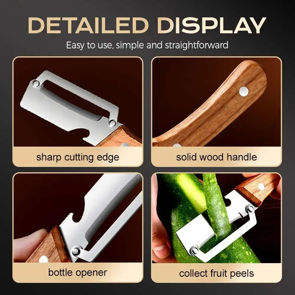 Multi-Functional Vegetable Peeler Set - Ultra-Sharp Stainless Steel Blade with Wooden Handle and Integrated Bottle Opener,