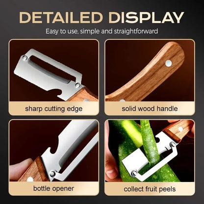 Multi-Functional Vegetable Peeler Set - Ultra-Sharp Stainless Steel Blade with Wooden Handle and Integrated Bottle Opener,