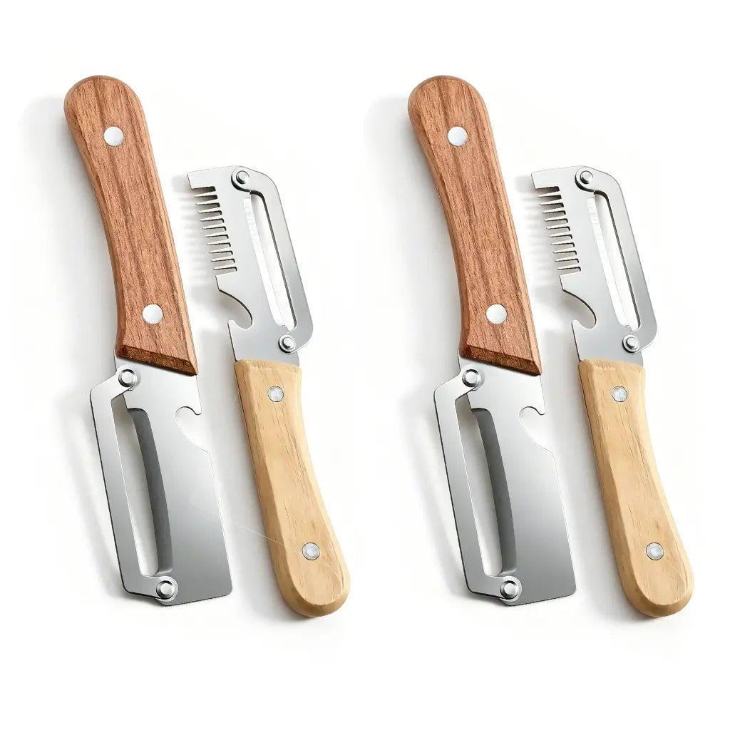 Multi-Functional Vegetable Peeler Set - Ultra-Sharp Stainless Steel Blade with Wooden Handle and Integrated Bottle Opener,