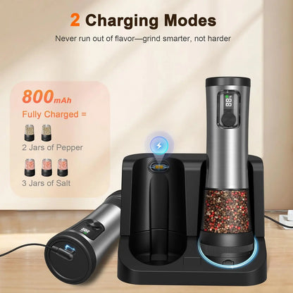 Electric Salt and Pepper Grinder Set with LED Illumination – Rechargeable Automatic Mill Featuring 5 Adjustable Coarseness Levels for Culinary Use, Barbecues, and Gift Giving