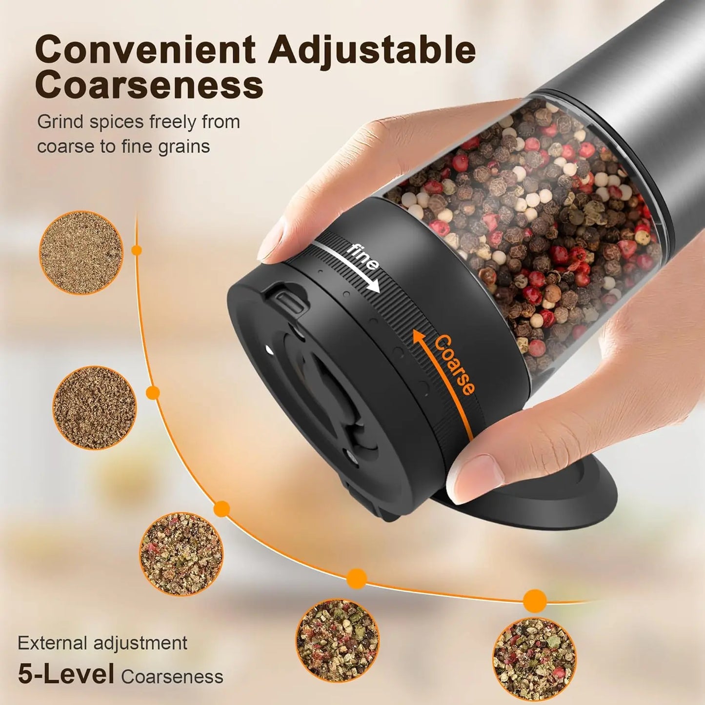Electric Salt and Pepper Grinder Set with LED Illumination – Rechargeable Automatic Mill Featuring 5 Adjustable Coarseness Levels for Culinary Use, Barbecues, and Gift Giving