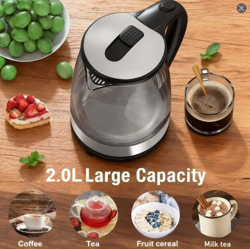 2.0L Glass Electric Kettle – 1500W Fast Boiling Water Boiler with Auto Shut-Off & Boil-Dry Protection, Bpa-Free Borosilicate Glass, Stainless Steel Base, Ideal Kitchen Appliance & Gift for Home, Tea & Coffee Lovers